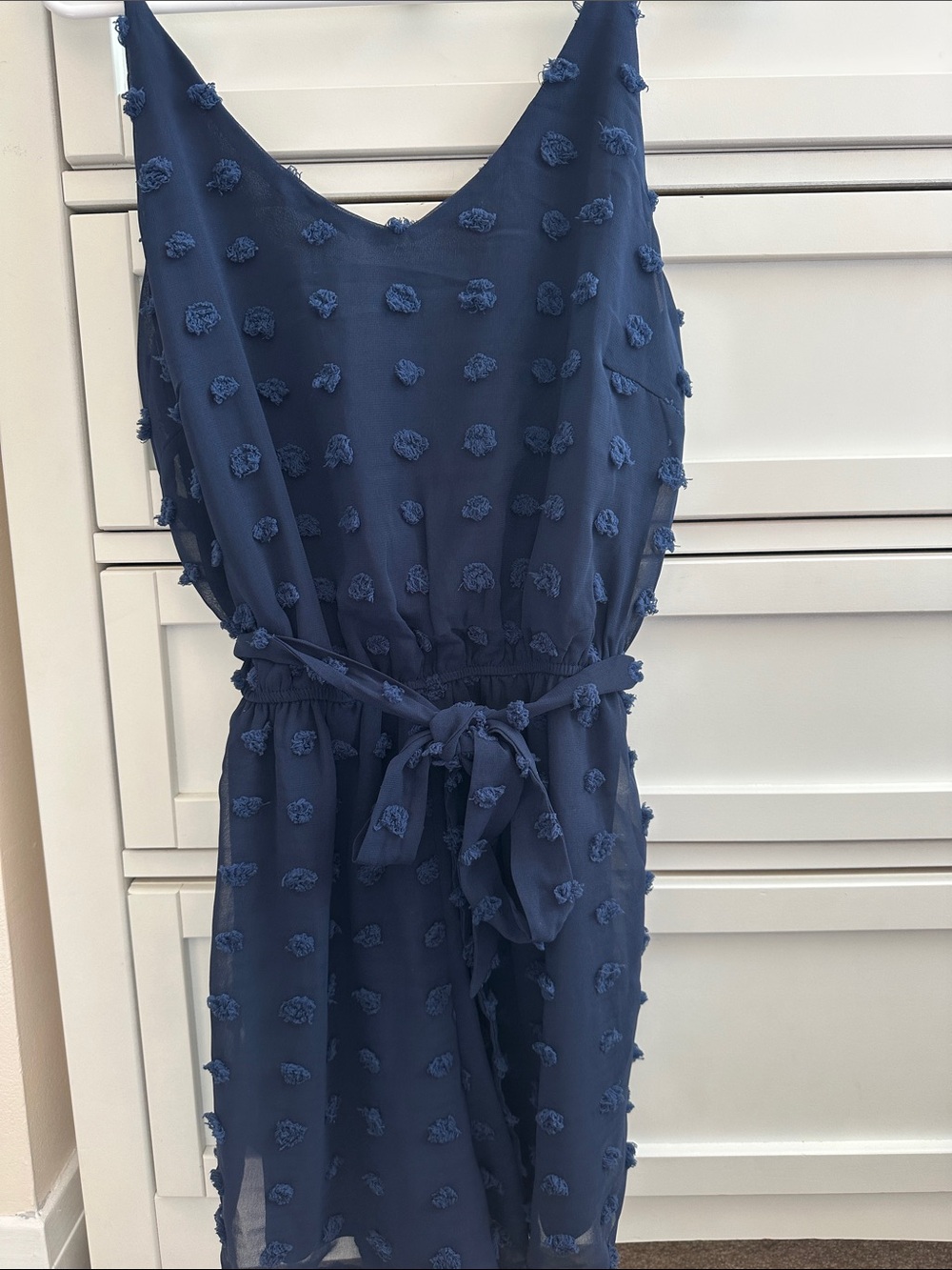 She + Sky Navy Blue Textured Pom Romper Jumpsuit